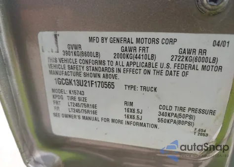 2001 Chevrolet Silverado 1500Hd Ls from USA, damaged, VIN 1GCGK13U21F170565